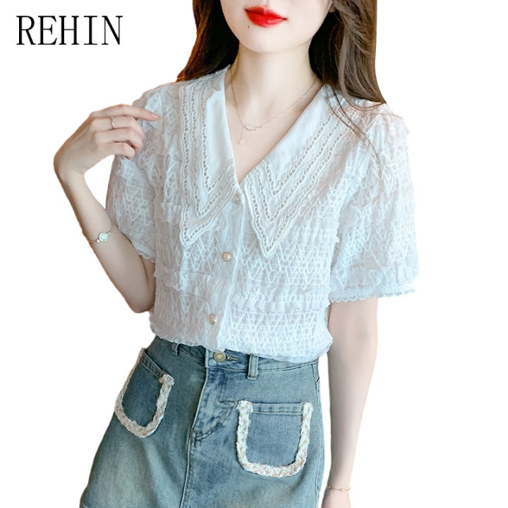 rehin-เสื้อชีฟองแขนสั้นลูกไม้คอวีปักแฟชั่นหวานฝรั่งเศสสำหรับผู้หญิงอินเทรนด์