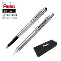 Pentel ปากกาโรลลิ่ง 0.6mm + ดินสอกด 0.5mm เพนเทล ด้ามสีเงิน