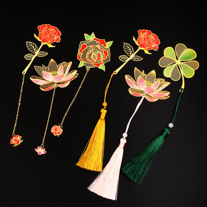 four-leaf-clover-bookmark-hollow-carved-bookmark-lotus-bud-bookmark-painted-bookmark-brass-bookmark-flower-metal-bookmark