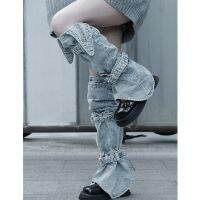 【Sock shop】 Chic ผู้หญิงขาอุ่นเข่าความยาว Buckled Denim Leggings สไตล์ Jean ถุงเท้าเท้าสำหรับ Lady Goth