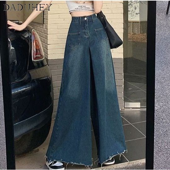 ส่งของ-daduhey-womens-r-wide-leg-denim-high-waist-summer-new-style-wide-leg-loose-hong-kong-style-design-straight-casual-pants