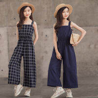 Teen Summer Jumpsuit for Girls Fashion Plaid Sling Bodysuit Wide Leg Pants Overalls Children Clothing 12 13 14 Years Kids Outfit