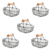 5X Wooden Handle Metal Retro Basket Portable Multi-Function Vegetable Fruit Egg Groceries Practical Storage Basket