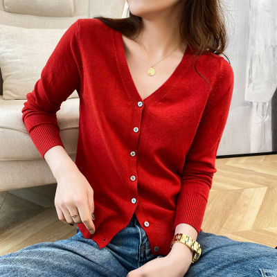 2022 Spring and Autumn Knitted Cardigan Womens Thin Short New Sweater Loose V-neck Long-sleeved Korean-style Outer Sweater Jacket 2023