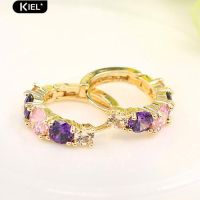 Kiel อัญมณีสีม่วงชุบทอง 9K Eardrop Huggie Earrings เครื่องประดับเงิน