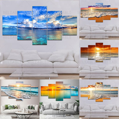 5 Pieces Natural Blue Beach Sunset Landscape Canvas Painting Seascape Posters And Prints Wall Art Pictures Home Decor No Frame