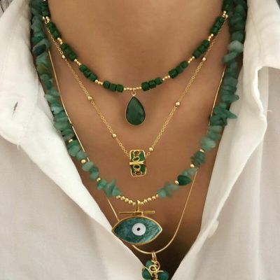 bohemian Green Gravel Natural Semi-precious Stone Necklace Womens Fashion Necklace Jewelry collares womens pendant Headbands