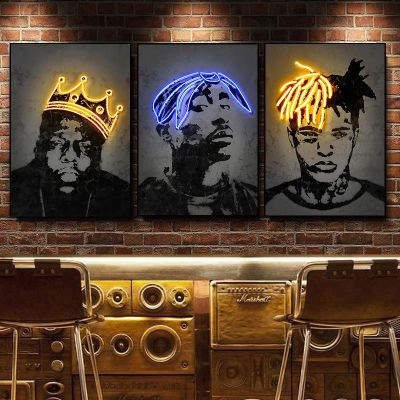 Hip Hop Singer Rapper 2Pac Art ภาพวาดผ้าใบ Biggie Tupac Neon โปสเตอร์พิมพ์ภาพผนังสำหรับห้องนั่งเล่น home Decor