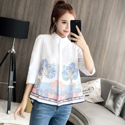 Embroidery 34 Sleeve Loose Big Size White Casual Doll Blouse Women Autumn