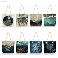 Japanese Ukiyoe Causal Linen Women Handbags Eco Reusable Shoulder Shopping Bags For Groceries Customizable Crane Beach Tote Bag