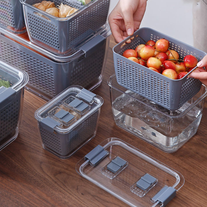 ห้องครัวที่เก็บพลาสติกกล่องสดกล่องตู้เย็นผลไม้ผักท่อระบายน้ำ-crisper-กล่องเก็บของพร้อมกับฝาครอบ