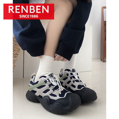 RENBEN รองเท้าผ้าใบสไตล์เรโทรน้ำหนักเบาแบบเรียบง่ายน้ำหนักเบาดีไซน์ช่องรองเท้าคุณพ่อรองเท้าน่ารักน่าเกลียดสำหรับผู้หญิงที่ใส่ได้หลากหลาย