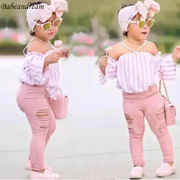 Baby Kids Girls Off Shoulder Tops Ripped Leggings Pants 3PCS Outfits Set