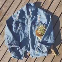 spring and summer new jeans jacket, man made old holes, light blue washed, jeans