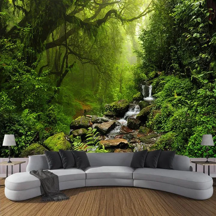 Self adhesive custom 3d forest waterfall natural landscape wallpaper  mural,living room tv wall bedroom home decor wall sticker | Lazada PH