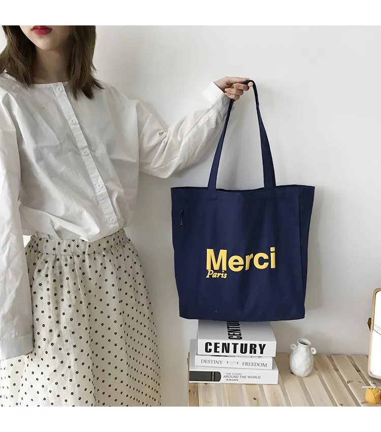 Paris Women Cotton Canvas Shoulder Bags 3D French Merci Print Eco