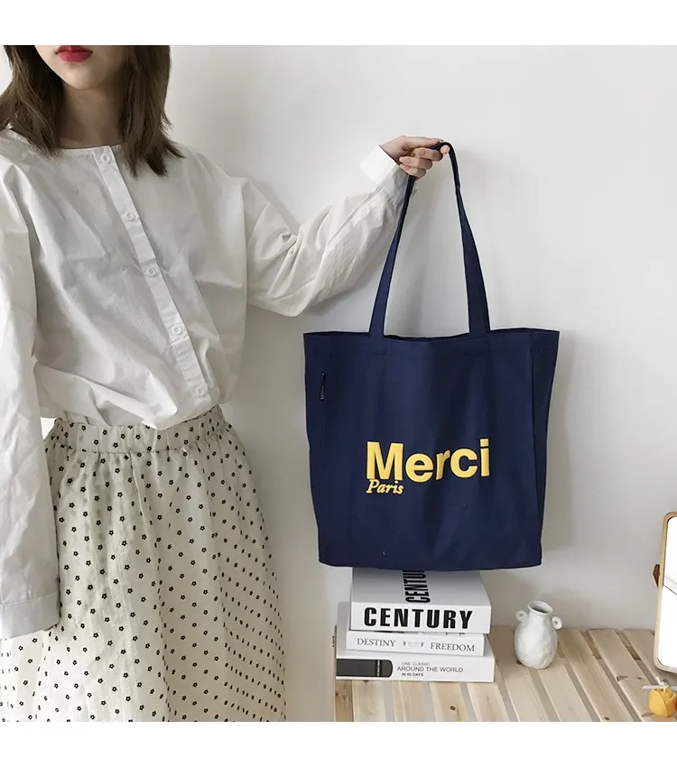 Merci Women Big Canvas Shoulder Bags French Print Eco Friendly Grocery  Shopping Bag Cotton Cloth Handbag Casual Tote for Ladies