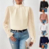 □  Elegant Womens Shirt 2023 Autumn/Winter Solid Half High Collar Spliced Chiffon Long Sleeve Blouse Office Lady Women Tops S-XXL