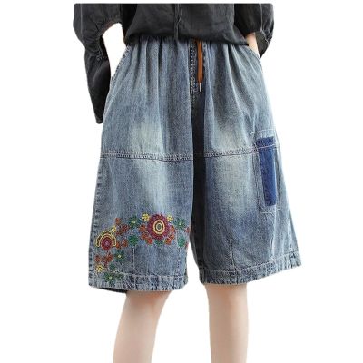 【มีไซส์ใหญ่】Plus Size Womens Wide Leg Knee Length Summer Shorts Elastic Waist Floral Embroidery Vintage Female Denim Shorts