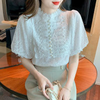 White Blouse for Women Fashion Elegant Slim Lace Top Summer Short Sleeve Shirt New