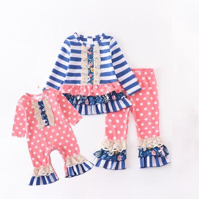 Girlymax FallWinter Baby Girls Stripe Dots Romper Toddler Pants Cotton Ruffles Set Boutique Sisters Wear Kids Clothing