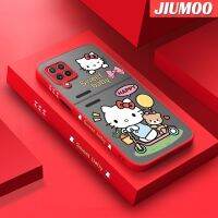 JIUMOO เคสปลอกสำหรับ Samsung Galaxy A22 4G A22 5G ลายการ์ตูนแฮปปี้ฮัลโหลคิตตี้บางขอบสี่เหลี่ยมด้านข้างดีไซน์ใหม่กันกระแทกมีน้ำค้างแข็งโปร่งใสแข็งเคสมือถือปลอกซิลิโคนคลุมทั้งหมดเคสป้องกันกล้องนิ่ม