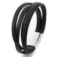 black PU Leather Braided Wrap Bracelets for Men Vintage Handmade Charm Bracelets for Women Ethnic Magnet Buckle Wristbands