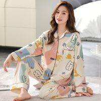 Cotton Pajamas Women Summer Long-sleeved Trousers Two-piece Suit Womens Satin Loose Printed Home Wear Casual Fashion Pajamas