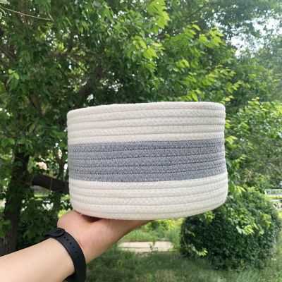 Nordic Round Woven Cotton Rope Storage Basket Minimalist Contrast Color Laundry Hamper Blanket Toys Organizer Bin for Indoor Out