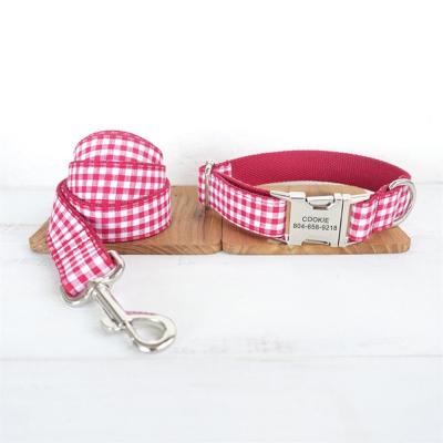 Personalized Pet Collar Customized Nameplate ID Tag Adjustable White Red Plaid Cat Dog Collars Lead Leash Leashes