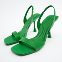 2023 ZARAˉSummer New Green Sheepskin Leather French Square Headed High Heels Slim Heels with Sandals for Women