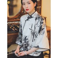 Tang Suit Hanfu Improved Bamboo Printed Republic of China long-sleeved Cheongsam Tops Retro Pan Buckle Chinese Womens Clothing Haberdashery