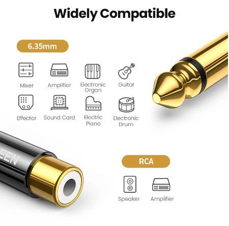 ugreen-rca-to-6-5mm-6-35mm-1-4-adapter-gold-plated-pure-copper-6-5mm-male-to-rca-female-to-jack-ts-mono-adapter-audio-connector