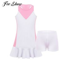 Kids Girls Sleeveless Badminton Tennis Dresses Sportswear Casual Sports Mini Dress Racer Back Ruffle Hem Sport Dress with Shorts