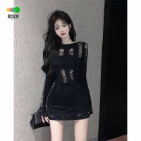 Pure style sexy hollow-out thin long-sleeved sweater top round neck mid-length pullover Black outdoor summer V728