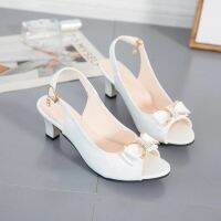 Womens Shoes 2020 New Buckle Pumps Bow Peep-toe Sandals รองเท้าแตะส้นสูงโบว์นางฟ้า