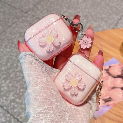 INS Korean Cute Glitter Pink Flowers Headset Case For Airpods 1 2 3 Headphone Cover Bracelet For Airpods 3 Pro Transparent Coque Headphones Accessorie