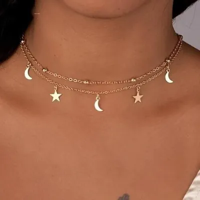 ☊✆ﺴ Delysia King Women Trendy Moon Star Necklace Simplicity Alloy Banquet Bead Pendant for Birthday Party