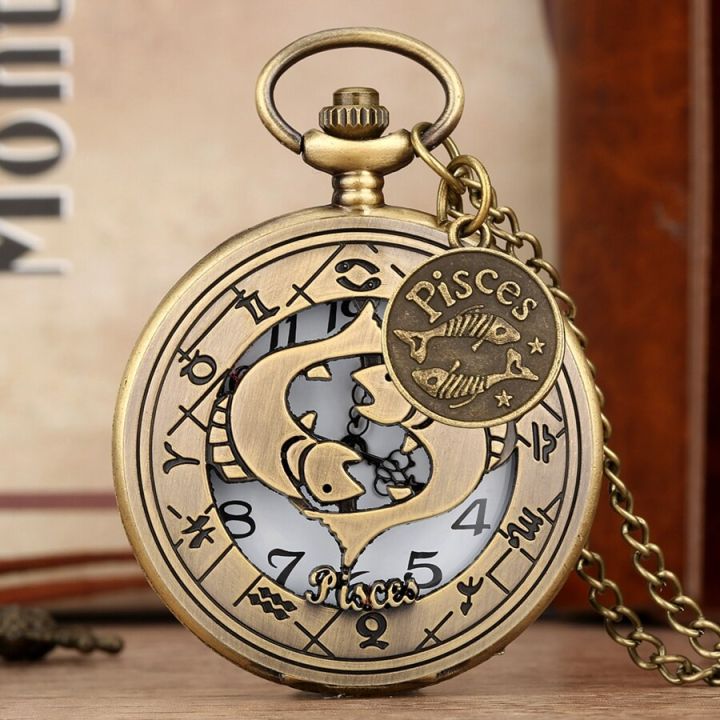 พังค์สัญญาณราศีกลวงราศีมีนนาฬิกาควอตซ์นาฬิกาพอคเก็ตชายของขวัญวันเกิดผู้หญิงตุ้มห้อย