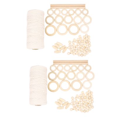 2X Macrame Cord Natural Cotton Rope 3mm with Wood Ring Wood Stick for DIY Teether Macrame Kit Wall Hanging Plant Hanger