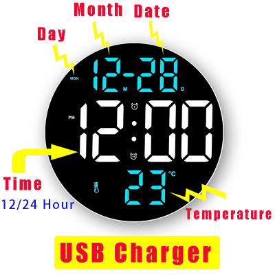 นาฬิกาดิจิตอล LED 9นิ้ว,ที่ชาร์จ USB หน้าจอใหญ่แสดงผลวันที่วันอุณหภูมินาฬิกา LED อิเล็กทรอนิกส์พร้อมรีโมทควบคุม Hiasan Kamar อยู่อาศัย