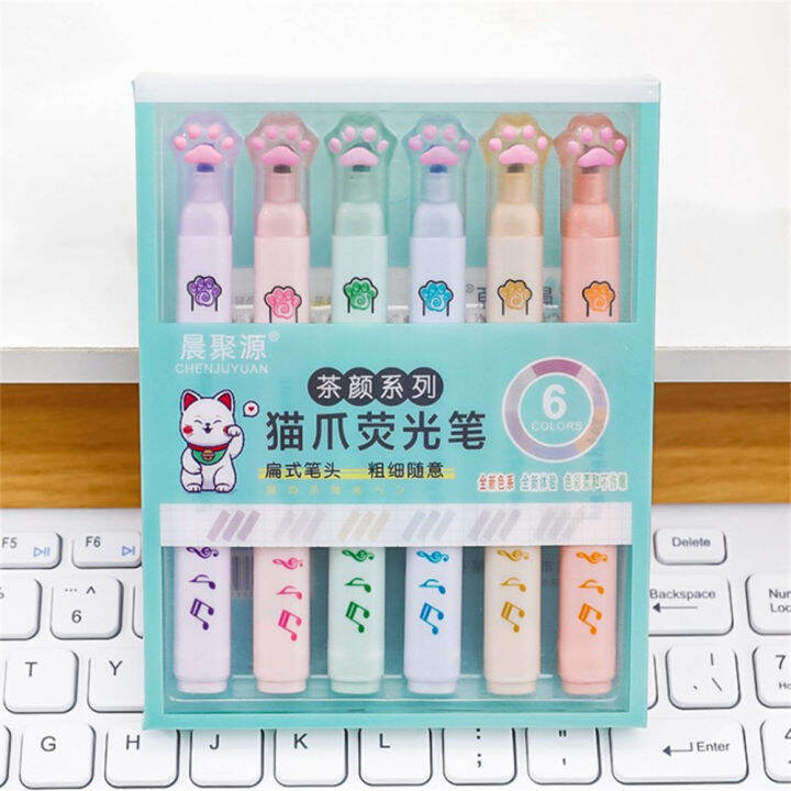 6pcs-box-kawaii-school-supplies-cartoon-cute-student-gift-fluorescent-pen-drawing-art-marker-cat-claw-highlighter