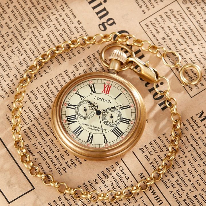 นาฬิกาโบราณมีกระเป๋าไขลานและสายโซ่30ซม-ทำจากทองแดงแบบโบราณลอนดอน1856นาฬิกาพก