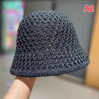 เสื้อฟลอปปี้ผ้าโครเชต์ถักมือมีนาคมหมวกฤดูร้อน Topi Bucket โดมพับได้กลวงออกสีทึบหมวกสตรีนุ่มเรียบง่ายหมวกชายหาด