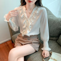 Autumn New Ruffled V-neck Lantern Sleeve White Chiffon Shirt Top Women