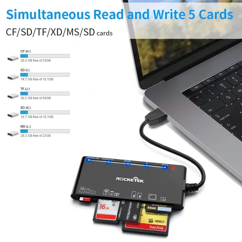 USB 3.0 Multi SD Card Reader with USB C Adapter 7 in 2 Memory Card  Reader/Adapter/Hub for SD SDXC SDHC CF CFI TF XD Micro SD Micro SDXC Micro  SDHC MS