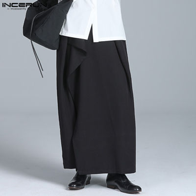 INMERUN กางเกงขายาวบุรุษ2กระโปรงชิ้นปลอมสีดำ,กางเกงหลวมผ้าชิโน่ (สไตล์เกาหลี)