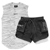2 Pcs/Set Sports Set Mens Suits Running Shirts/Vests+Sports Shorts Jogging Mens Sportswear Suit Soccer Running Fitness Gym Sets