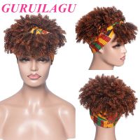 GURUILAGU Synthetic Hair Afro Kinky Curly Wig With Bangs Synthetic Wig Ombre Color Headband Wig Short Wigs for Black Women Hand Tool Parts Accessories