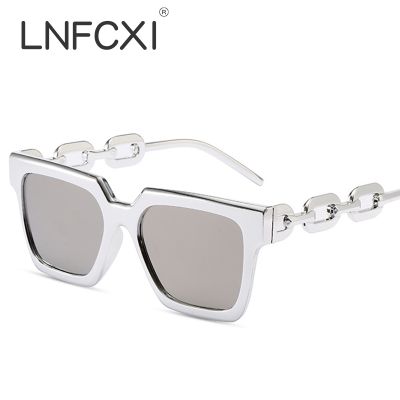 ▤ LNFCXI 2022 New Silver Fashion Women Square Sunglasses Shades UV400 Vintage Chain Legs Men Gradient Mirror Sun Glasses